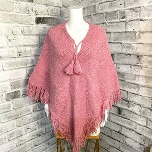 Vintage World Folk Art Pink Fringe Knit Boho Hippie Poncho